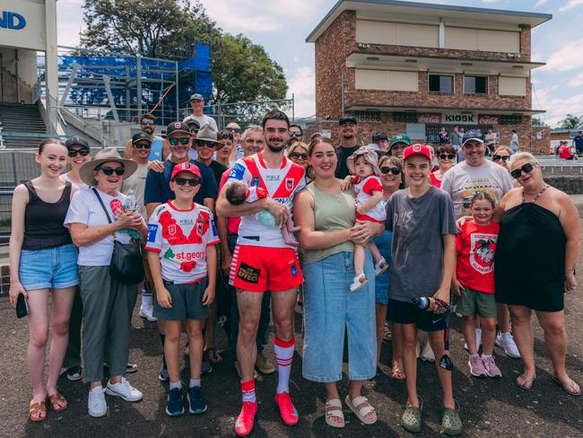 Cody Ramsey holding daughter Ella with partner Tahlia and eldest daughter Mia at Henson Park. Picture: Morgan Taylor Dragons Digital