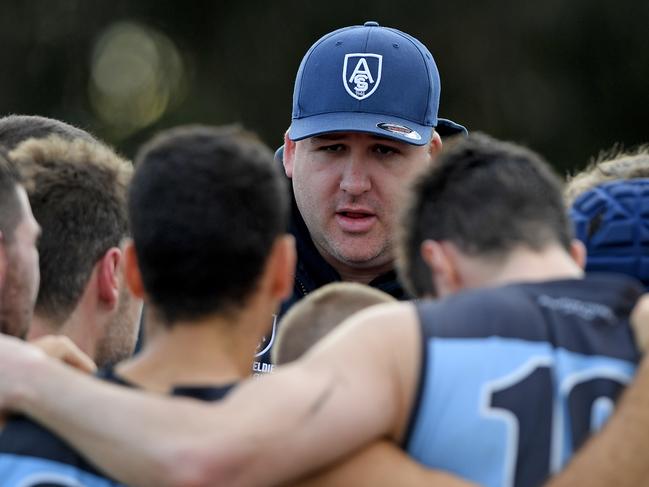 Aberfeldie coach Adam Potter during the EDFL Aberfeldie v Pascoe Vale football match in Aberfeldie, Saturday, June 15, 2019.Picture: Andy Brownbill