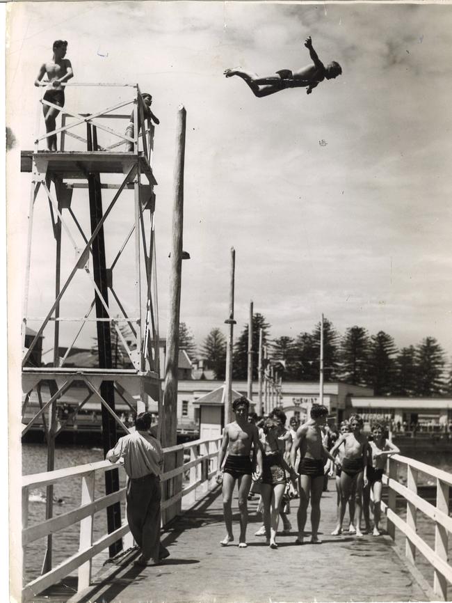 A diving tower on the old Manly boardwalk and pool. Picture: Northern Beaches Library