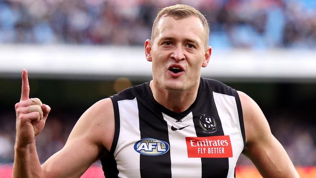 MELBOURNE, AUSTRALIA - JUNE 10: Nathan Kreuger of the Magpies celebrates a goal during the round 13 AFL match between Collingwood Magpies and Melbourne Demons at Melbourne Cricket Ground, on June 10, 2024, in Melbourne, Australia. (Photo by Jonathan DiMaggio/Getty Images)