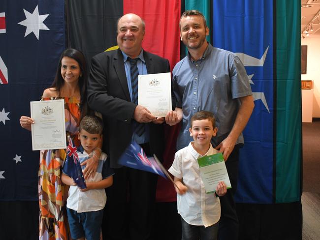 Hinchinbrook Mayor Ramon Jayo with new Aussies Barbara Riveros and Jonathon Pearce at the Citizenship Ceremony at the Hinchinbrook Shire Library on Tuesday. Picture: Cameron Bates