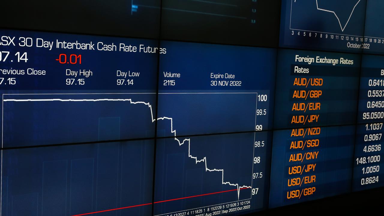 A view of the digital boards at the ASX in Sydney in meltdown over an interest rate hike at the end of last year. Picture: Gaye Gerard/NCA NewsWire