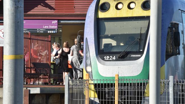 Commuters disembark a V/Line service at Lara station. Picture: Jay Town