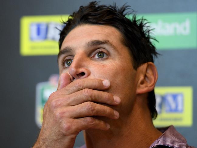 Sea Eagles coach Trent Barrett speaks during a press conference following  the Round 23 NRL match between the Manly-Warringah Sea Eagles and the Gold Coast Titans at Lottoland in Sydney, Friday, August 17, 2018. (AAP Image/Dan Himbrechts) NO ARCHIVING, EDITORIAL USE ONLY