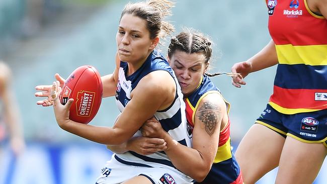 Anne Hatchard tackles Geelong’s Danielle Orr during the 66-point victory. Picture: Mark Brake/Getty Images