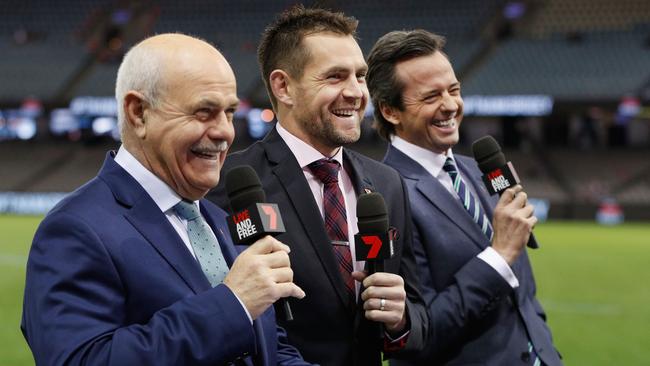 Luke Hodge, centre, with Leigh Matthews and Hamish McLachlan, during one of his regular spots with Seven. Picture: Getty Images