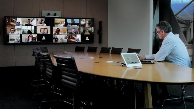 National Australia Bank CEO Ross McEwan holds a Zoom meeting with his senior executive team during the coronavirus lockdown.