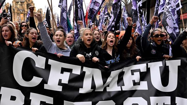 CFMEU supporters rally in Melbourne on Tuesday. Picture: AFP