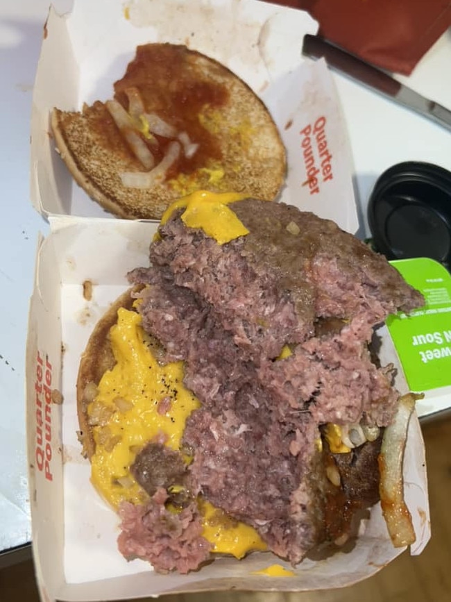 A customer was served this raw patty. Picture: Facebook