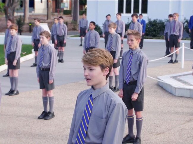 Marist College Ashgrove’s Performance Choir has shown its answer to social distancing by recording an awe inspiring 70 boy performance of “High Hopes” in front of the schools Tower Block. Picture: Supplied