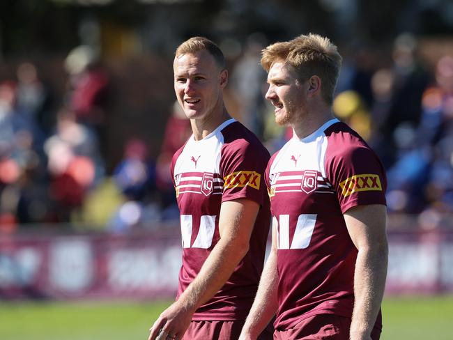 Daly Cherry-Evans and Tom Dearden together as the Queensland Origin team hold a training session and fan day at Toowoomba ahead of game 2 in Melbourne. Pics Adam Head