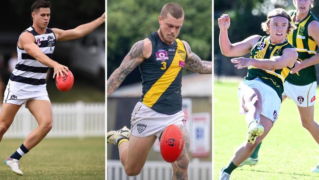 Broadbeach player Corey Hitchcock, Labrador’s Tom Simpson and Maroochydore rising star Bailey Hahn. Pictures: Highflyer Images and John Gass.