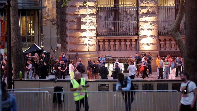 The light rail in the city was blocked off by film crew from early on Saturday night. Picture: Damian Shaw/The Daily Telegraph