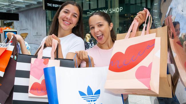 ADELAIDE, SOUTH AUSTRALIA - Advertiser Photos DECEMBER 23, 2024: Sisters Mikayla and Amelia Rechichi excited about the Boxing Day shopping sales in Rundle Mall. Picture: Emma Brasier