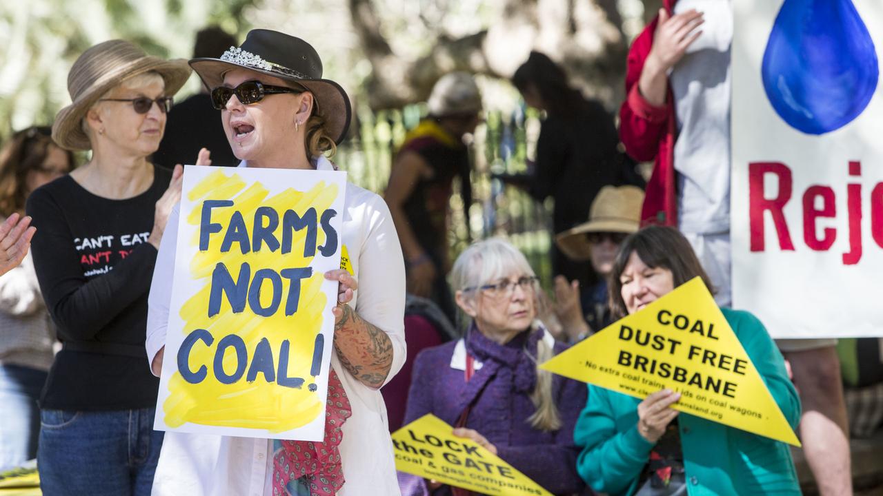 People protesting the New Acland mine outside Parliament House in Brisbane.