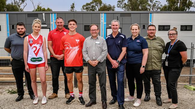 Temporary facilities arrives at Princess Park in Shepparton in April 2023 following floods in late 2022. Photo: Allie James Photography / AFL Victoria