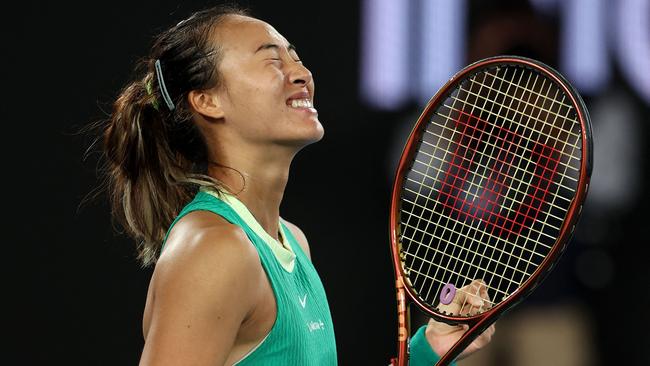 China's Zheng Qinwen celebrates victory against Ukraine's Dayana Yastremska during their women's singles semi-final match. Picture: Martin Keep / AFP.