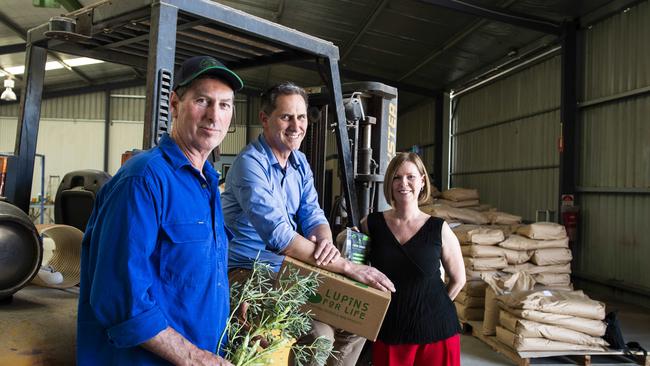 Siblings Gary Drew, Roger Drew and Chris Johnston at the Lupins For Life processing plant at Jindera, NSW. They co-own the business.Picture: DANNIKA BONSER