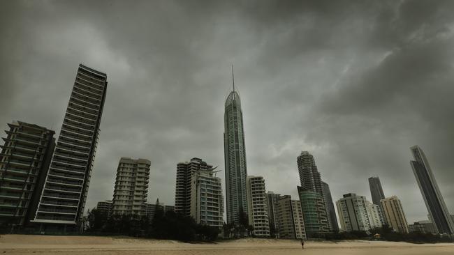 Stormclouds over Surfers Paradise this afternoon. Picture Glenn Hampson