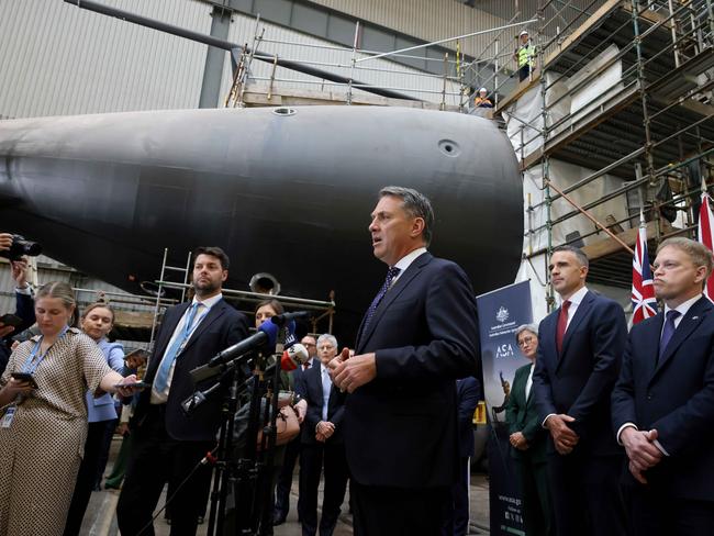 ADELAIDE, AUSTRALIA - NewsWire Photos 22,March, 2024:   POOL Deputy Prime Minister Richard Marles, speaks at the press conference at the submarine build facility at ASC in Adelaide. Picture: NCA NewsWire / Kelly Barnes