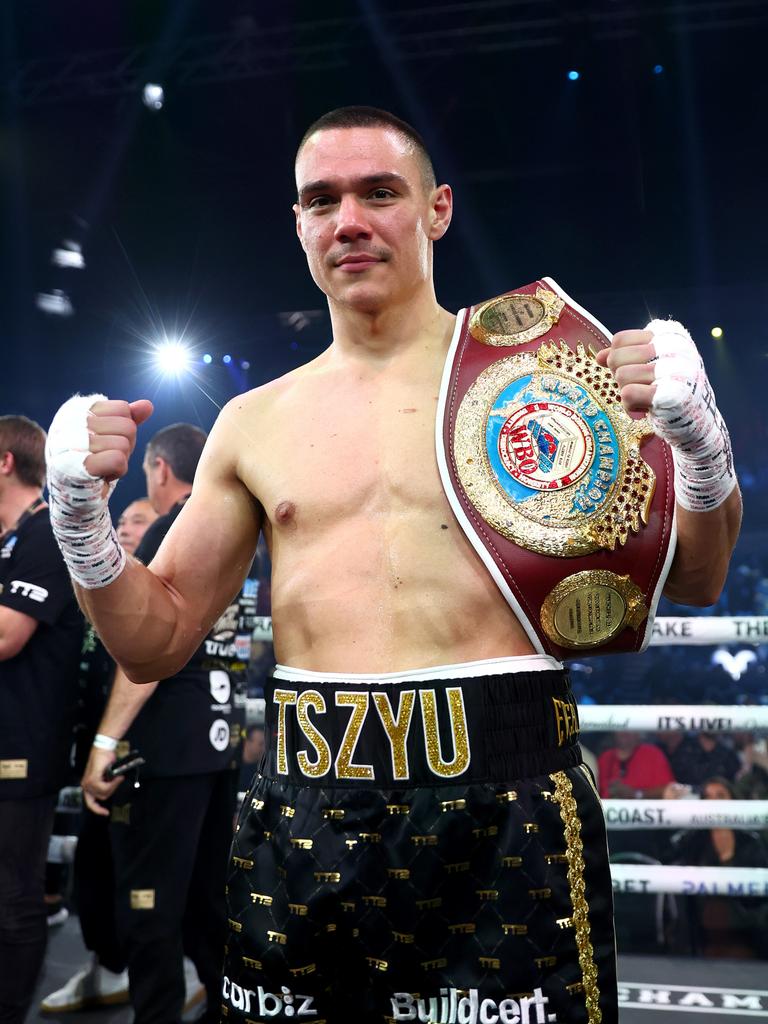 Tim Tszyu celebrates victory over Carlos Ocampo. Picture: Getty