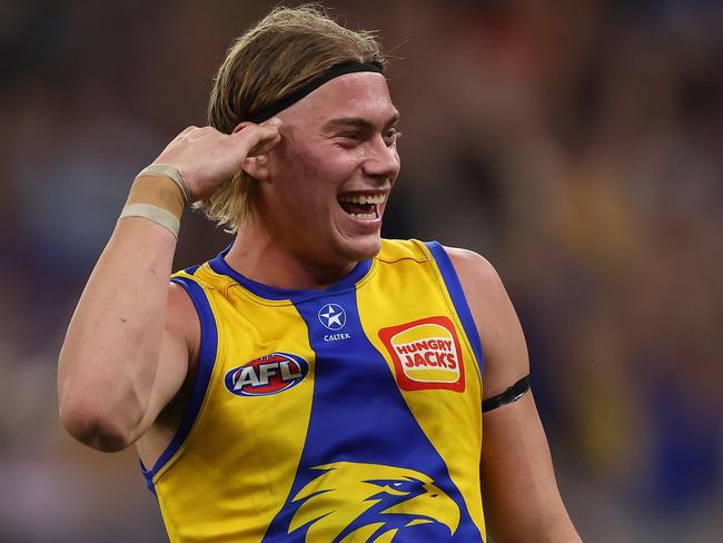 PERTH, AUSTRALIA - APRIL 20: Harley Reid of the Eagles celebrates after scoring a goal during the 2024 AFL Round 06 match between the West Coast Eagles and the Fremantle Dockers at Optus Stadium on April 20, 2024 in Perth, Australia. (Photo by Will Russell/AFL Photos via Getty Images)
