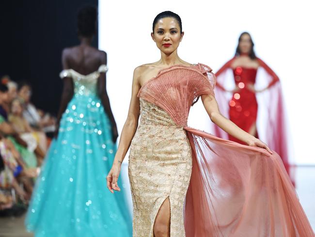 Model Joanna Gunay showcases a design from Belle Le Chic in the grand finale runway show at Cairns Fashion Week, held at the Screen Queensland studios. Picture: Brendan Radke