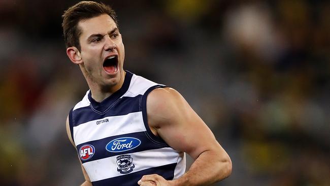 Menzel, who booted 136 goals in 73 games for Geelong, will wear the blue and white hoops again in 2024. Picture: Adam Trafford/AFL Media/Getty Images