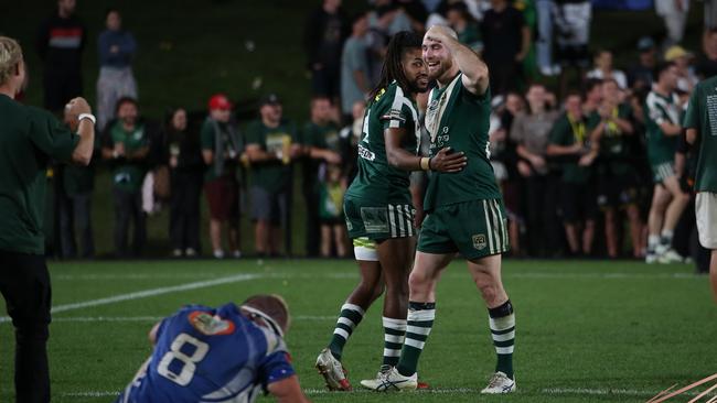 Rohan Messer celebrates with Maroochydore teammate Nat McGavin after winning the 2022 Sunshine Coast a-grade grand final. Picture: Nicola Anne Photography