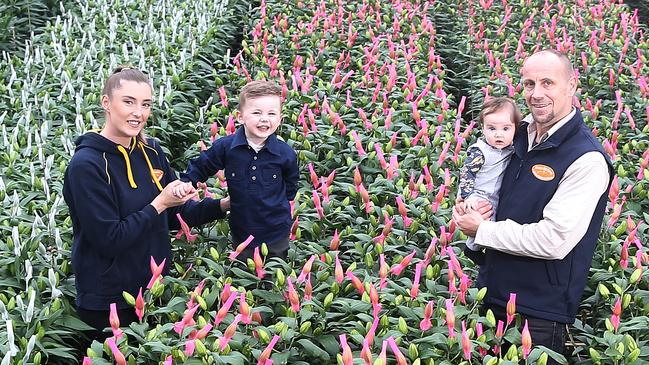 Sunny Hill Flowers, Silvan, Daniel Wilson, with his partner Natalie, and their kids Ollie, 3, & Pippa, 5 months old,    Picture Yuri Kouzmin