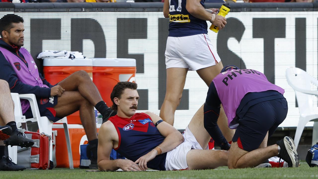 Melbourne star Jake Lever was concerned he had sustained a serious knee injury against Hawthorn but avoided any major damage and could play on Saturday night. Picture: Darrian Traynor / Getty Images