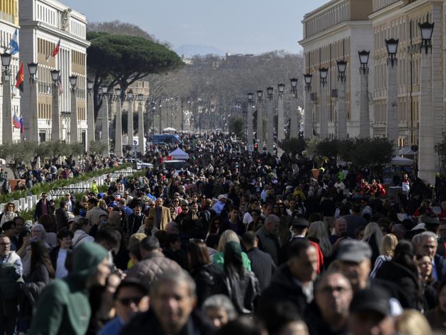 Faithful visit St Peter's Square as Pope Francis is in hospital with pneumonia. Picture: Getty Images