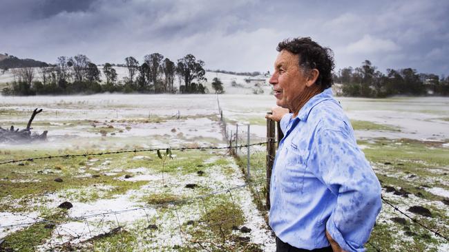 Dave Richardson’s property near Gympie was left covered in hail. Picture: Lachie Millard