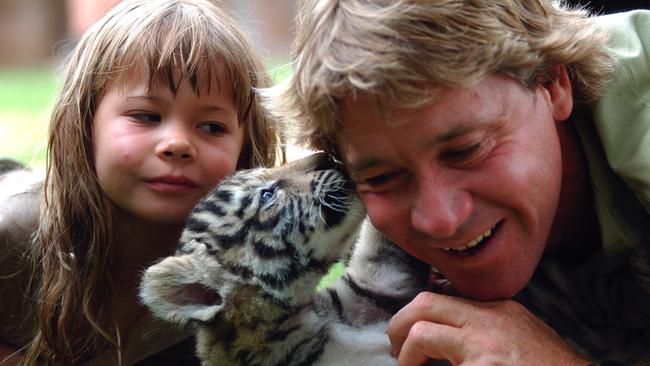 Steve Irwin and daughter Bindi with a Bengal tiger cubs at Australia Zoo. (AAP Image/Tony Phillips)