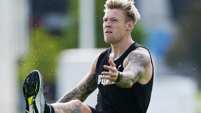 Jordan De Goey trains on in preparation for the AFL’s possible restart.