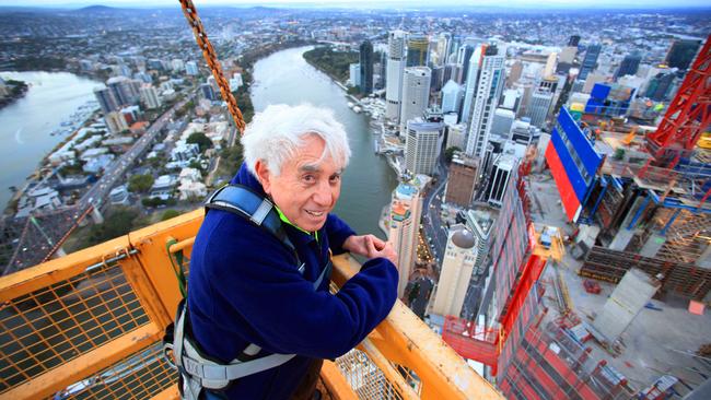 Property developer ‘high rise king’ Harry Triguboff on a crane 280m high above the street.