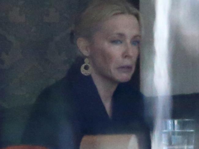 Kylie Minogue looks upset and tense while talking to a female friend at the Park Hyatt Hotel in Sydney in November. Picture: Mega TheMegaAgency.com