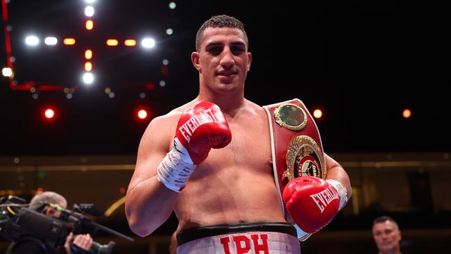 Justis Huni poses for a photo with the belt after victory against Kevin Lerena. (Photo by Richard Pelham/Getty Images)