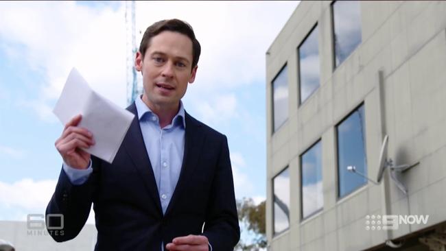 The Age investigative reporter Nick McKenzie reporting on alleged branch stacking within the Victorian Liberal party on Nine's 60 Minutes program on August 23, 2020.