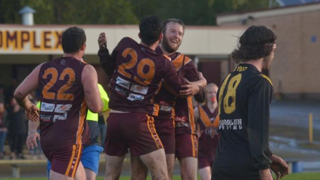 Temmates mob Glencoe’s Brodie Foster who kicked his 100th goal for 2019 in the Mid South Eastern Football League against Kongorong on Saturday. Foster finished the day with 13 goals. Picture: Naomi Mitchell