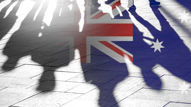 Australian Flag as Background and Silhouettes of People - conceptual Picture about Independence Vote Patriotism political situation and Migrants