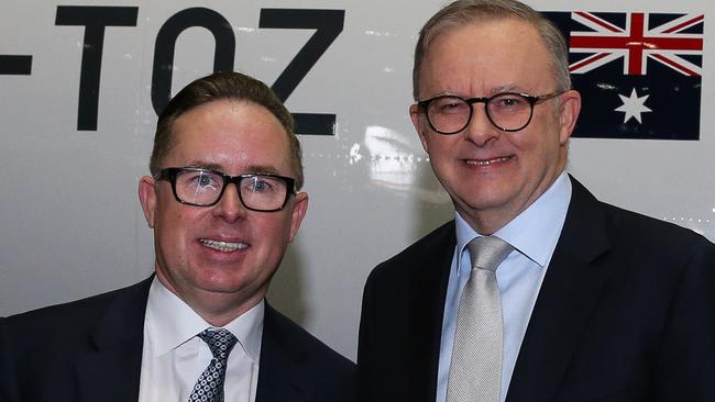 SYDNEY, AUSTRALIA  - AUGUST 14 2023: Prime Minister, Anthony Albanese and Qantas CEO Alan Joyce attend the launch of the Qantas 'Yes' Campaign at Qantas Hangar 96 in Sydney, where The Prime Minister will deliver a speech. Picture: NCA Newswire / Gaye Gerard