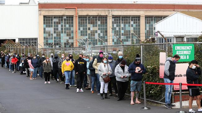 Queues for walk-up Covid vaccinations the Old Ford Factory. Picture: Mike Dugdale