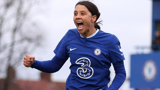 Sam Kerr hasn’t played for Chelsea or the Matildas in more than 12 months as she recovers from an ACL injury. (Photo by Alex Pantling/Getty Images)