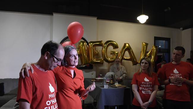 Megan O'Hara Sullivan with her husband Dean Sullivan at her election night party on Saturday.