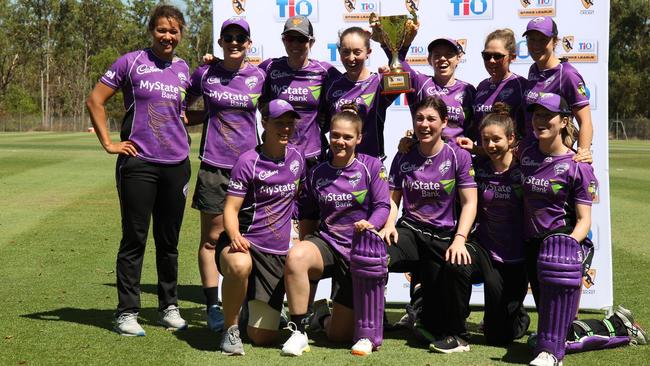 Hobart Hurricanes celebrate winning the women's Strike League at Marrara. Picture: ROZ LAVERCOMBE