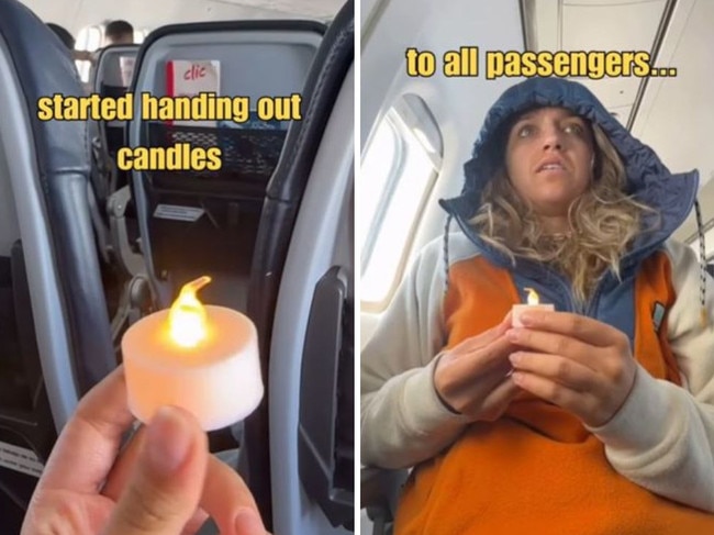 Woman terrified after they gave out candles on a plane. Picture: Instagram@jula.vadini