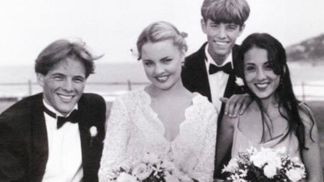 Laura Vazquez (right) with Dieter Brummer, Melissa George and Matt Doran on set in the ‘90s. Picture: Supplied