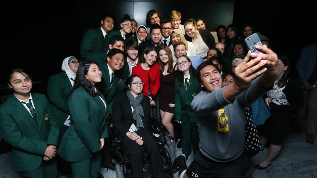 NSW Premier Gladys Berejiklian joined in a mass selfie with students from Merrylands High School at the 2017 Project Sydney Youth Forum held at the University of Western Sydney in Parramatta. Picture: Richard Dobson