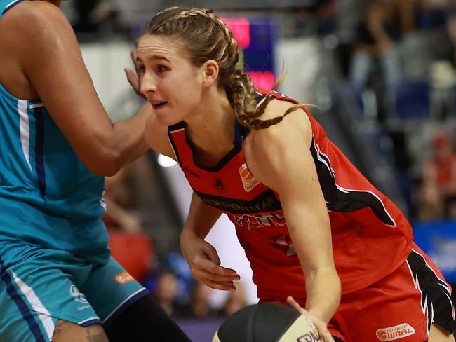 Miela Goodchild of the Lynx handles the ball during the game three of the WNBL Grand Final series . (Photo by Kelly Defina/Getty Images)